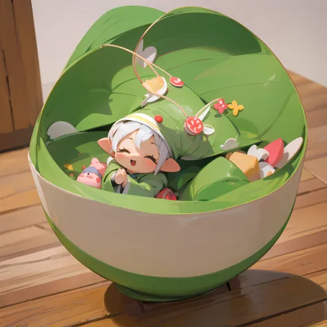 (a small doll with a green triangular hat), (sitting inside a large bowl), cute 3 d render, cute detailed digital art, cute digital art, cute cartoon character, adorable digital painting, cute! c4d, cute character, pop japonisme 3D, (white background), ult...