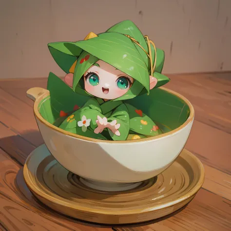 (a small doll with a green triangular hat), (sitting inside a large bowl), cute 3 d render, cute detailed digital art, cute digi...