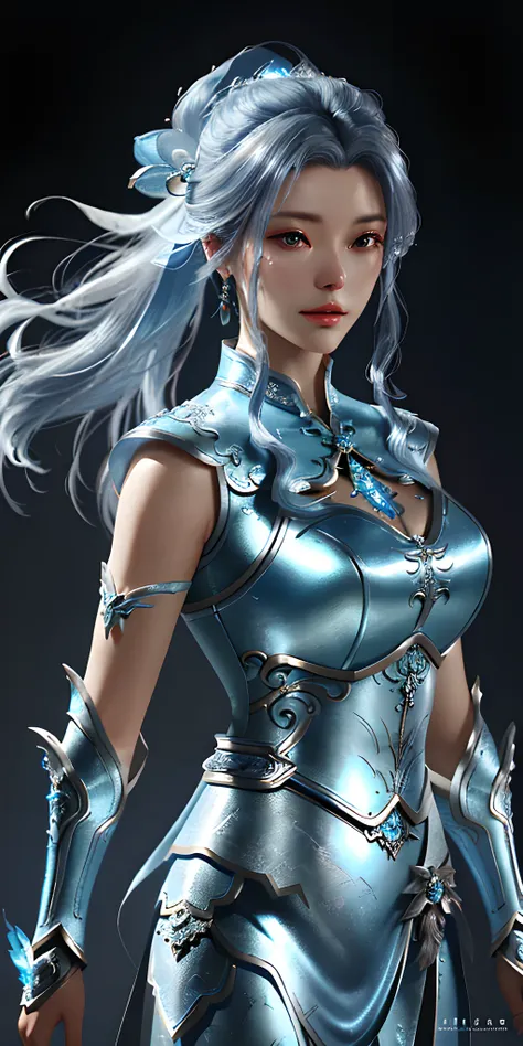 a close up of a woman in a silver and blue dress, chengwei pan on artstation, by yang j, detailed fantasy art, stunning characte...