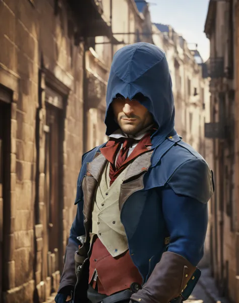 Arnodolian bust, (photography: 1.2, Canon, clarity), (background blur: 1.2, surrounded by Parisian alleys), (light and shadow: 1.1, high nose, short beard, deep eyes), wearing a dark blue assassin hood, flat assassin hood, corset dark blue assassin robe, r...