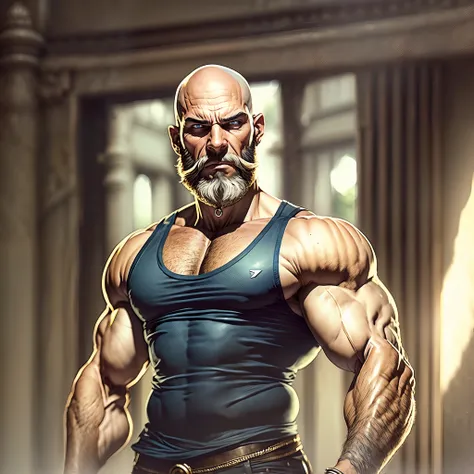 severino celestino is a bald man, lean strong, long beard, tank top. --auto --s2