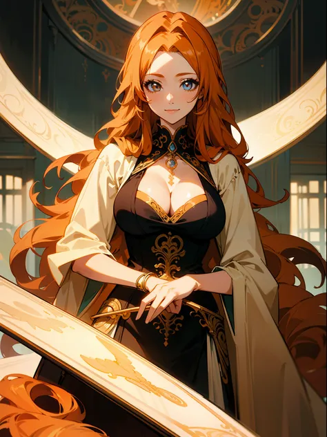Masterpiece, illustration,1girl, orange hair, long hair, beautiful eyes,bend forward, cleavage visible, hospital, inside, stestoscope around neck, smiling, intricate, details, illustration,by artgerm