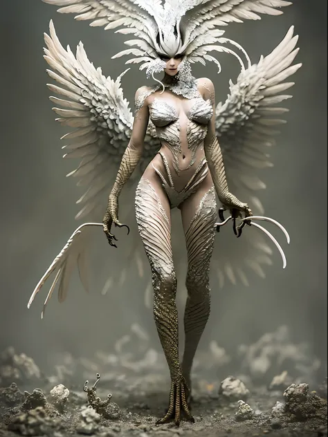 1girl,Standing birdfoot,  (anthropomorphic, beauty, sirene, fang, white feathers), ( full body), 8k, (original), cg, skin scales, fracture, masterpiece, realistic photo, original photo, sfw, dirty (0.8), (blood: 0.7), (super detailed), sharply focused, pas...