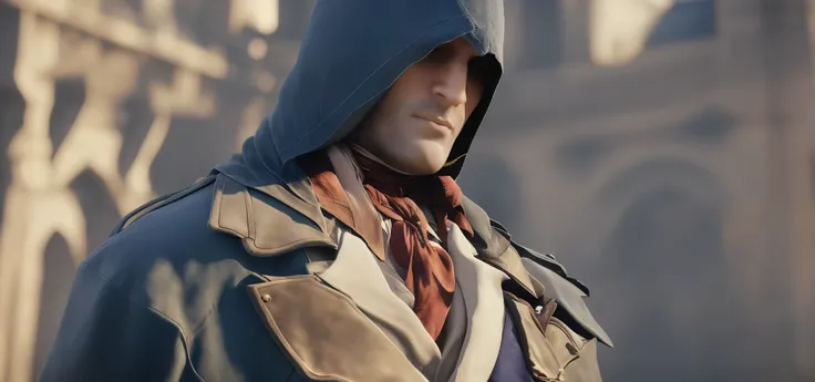 Arnodorian bust, portrait, photography, canon, magnificent historical background, guillotine of the Paris Square church background surrounding, background blur, light and shadow, clarity, high nose, short beard, deep eyes, wearing a dark blue assassin hood...
