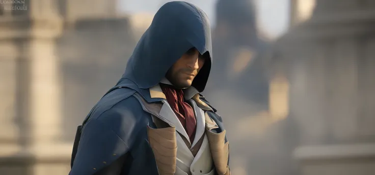 Arnodolian bust, portrait, photography, canon, magnificent historical background, guillotine of the Paris Square church background surrounding, background blur, light and shadow, clarity, high nose, short beard, deep eyes, wearing dark blue assassin hood, ...