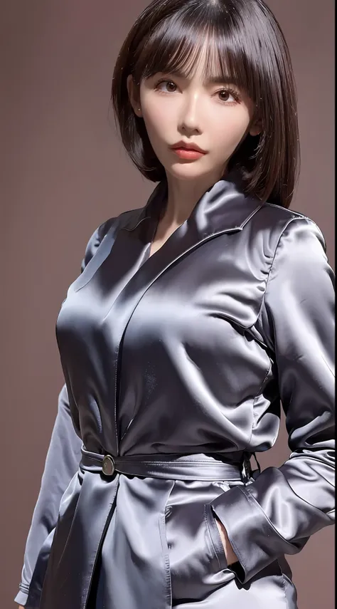 the highest quality, the highest image quality, the ultra-detailed, the material of the satent wrench coat, satin blouse, coat a...