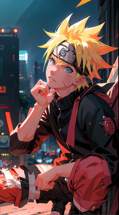 portrait, neon, 1 boy, shonen style, spiky blonde hair, scratches on cheeks, black and red clothing, leather jacket, jeans, boot...