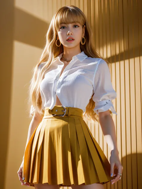 lisa yellow long hair, lisa face shape, with earrings, wearing a white shirt, open waist, pleated skirt, long legs, masterpiece,...