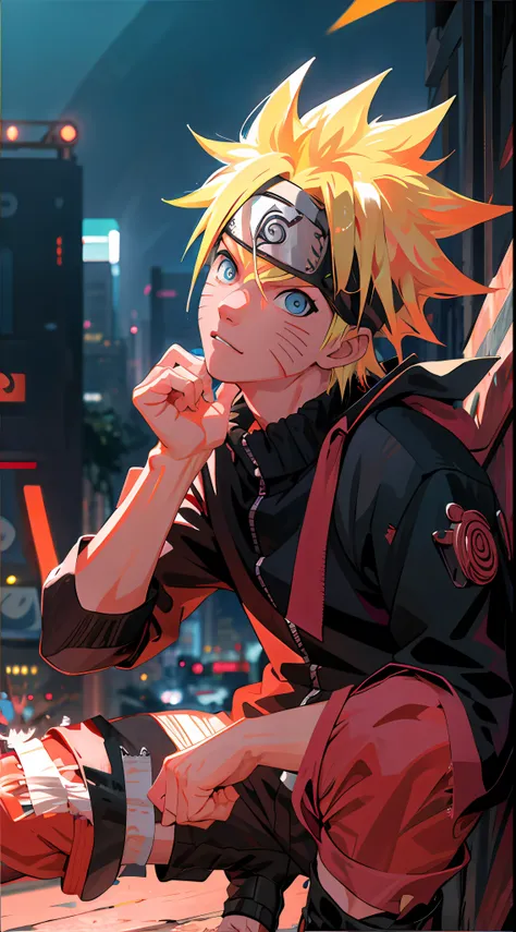 portrait, neon, 1 boy, shonen style, spiky blonde hair, scratches on cheeks, black and red clothing, leather jacket, jeans, boot...