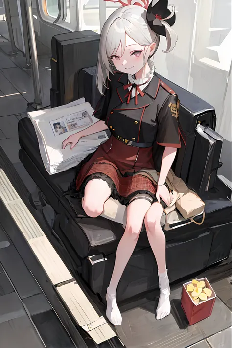 "(Masterpiece, High Definition, Ultra High Definition, 4K) Black hair, 14 years old Japan girl, uniform skirt, emphasizing thighs, white thighs, soft thighs, glossy thighs, sitting on the train, face-to-face angle, (angle from below),sitting in the train s...