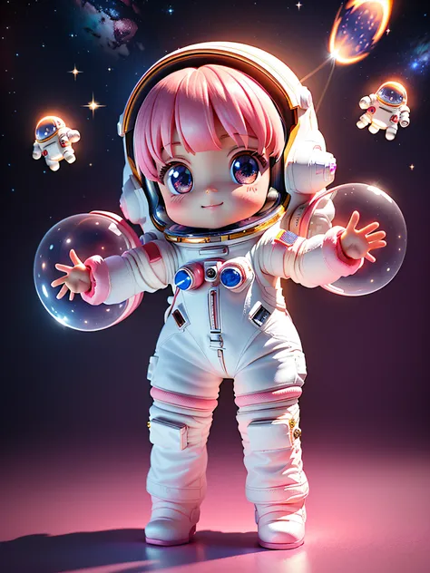 Super cute girl full body 3D picture, 1 pc, good looking eyes, big eyes, cute, happy, c4d, pop matt blind box, pink long hair, glowing bubbles, toys, solid color background, chibi, fluorescent translucency, luminous body, kawaii, doll, (((astronaut, spaces...