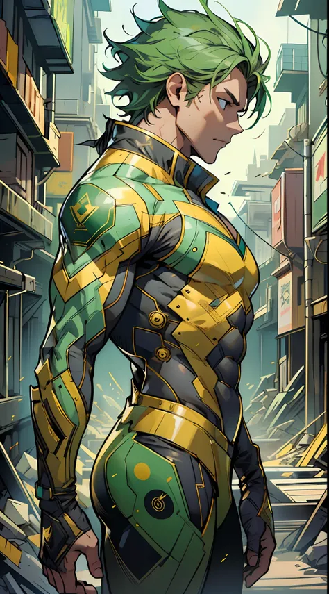 develop an image of a hero wearing a green and gold costume. the hero must have a noble and powerful appearance, with distinct c...