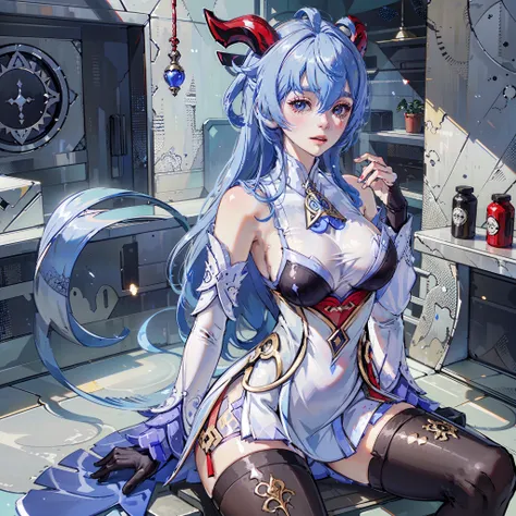 high quality, anime character from the game Genshin impact, blue hair with a blue tint in a blue tint, dressed in a mini skirt and lace stockings, height 165 cm, supports breasts, lustful look, has 2 red goat horns with black specks on his head