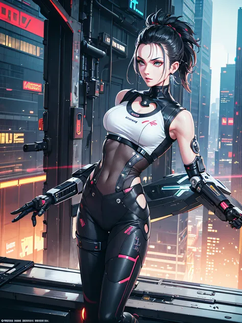 cyberpunk, 2077, futuristic wind, roof background, a beauty, black yoga pants, white vest, robotic arm, cyberprosthetics, prosth...