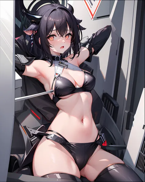 masterpiece,1girl,solo ,heart-shaped pupils,open mouth,cow_horns,black_hair,cleavage,navel,white_bikini,
stationary restraints,