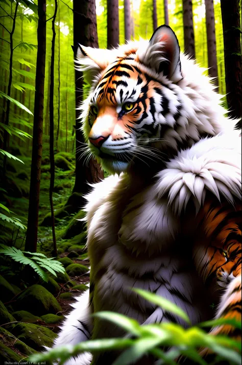 raw photo, werecreature, werecat tiger, white fur, large head, in a forest, 80mm, f/1.8