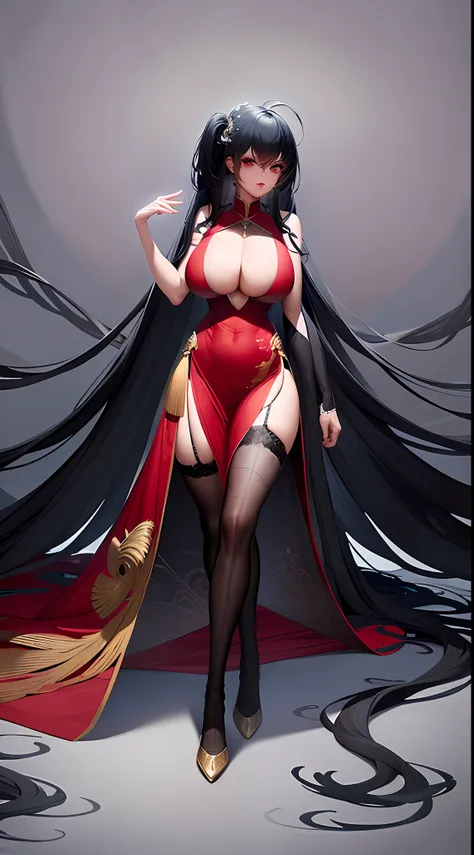 two-dimensional, black-haired girl, very long hair, tall figure, large chest, cheongsam, thin waist, long legs, bare shoulders, ...