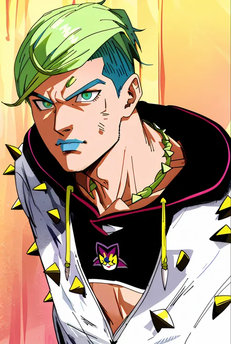 green hair, blue lips, stern face, yellow spikes, hoodie, yellow necklace, hd, highres