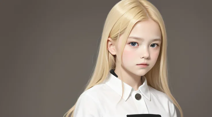 Masterpiece, best quality, realistic, 10 year old child girl with blonde hair, long hair, broad shoulders, small head, upper body, (white background: 1.3), closed mouth.