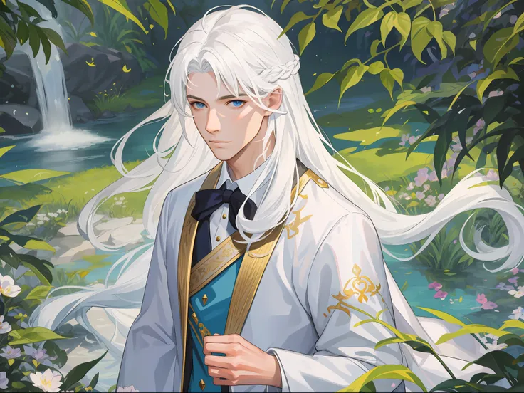 masterpiece, super-fine, semi-realistic, detailed facial features, 1boy, white hair, long hair, wearing exquisite fairy costumes