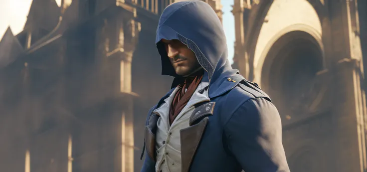 Arnodorian bust, portrait, photography, canon, magnificent historical background, guillotine of the Paris Square church background surrounding, background blur, light and shadow, clarity, high nose, short beard, deep eyes, wearing a dark blue assassin hood...