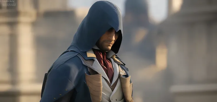 Arnodolian bust, portrait, photography, canon, magnificent historical background, guillotine of the Paris Square church background surrounding, background blur, light and shadow, clarity, high nose, short beard, deep eyes, wearing dark blue assassin hood, ...
