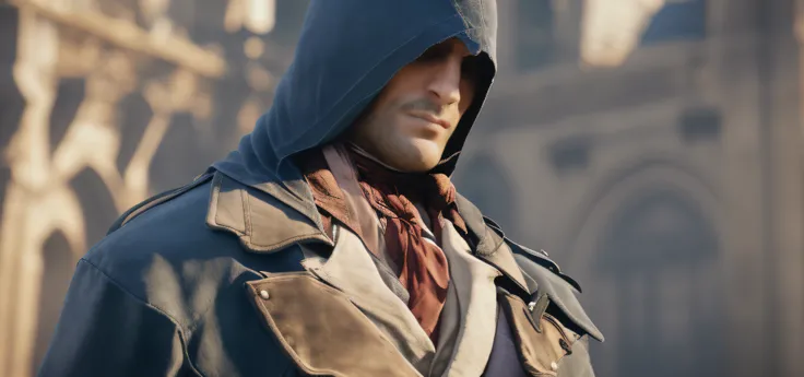Arnodorian bust, portrait, photography, canon, magnificent historical background, guillotine of the Paris Square church background surrounding, background blur, light and shadow, clarity, high nose, short beard, deep eyes, wearing a dark blue assassin hood...