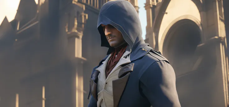Arnodorian bust, portrait, photography, canon, magnificent historical background, guillotine of the Paris Square church background surrounding, background blur, light and shadow, clarity, high nose, short beard, deep eyes, wearing a dark blue assassin hood...