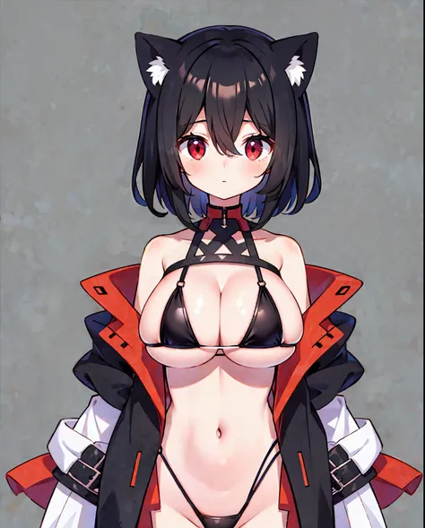 1girl,cat ears ,black hair ,red eyes ,short hair ,messy hair,hair between eyes ,(half body ,standing ,micro bikini ,sleeveless ,...