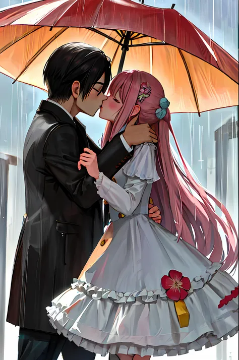 a couple kissing under an umbrella in the field, kissing is a wordless spell, rainy day, in the rain, kiss together cutely, stan...