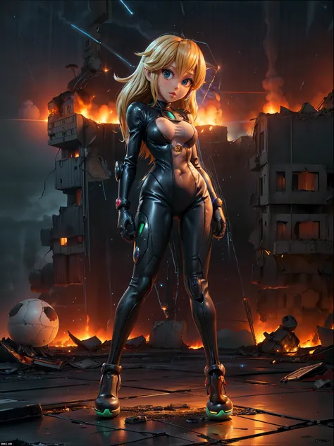((Full body):2), {((Only one woman):1.2)}:((Wearing all black Samus Aran cyber suit with neon parts, extremely tight on the body):1.2), ((has extremely tight breasts): large):1.2), (is looking at the viewer, making erotic poses, giving a small and simple ...