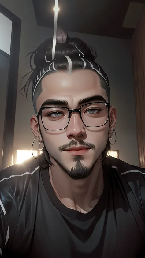 Anime image conversion Hair with a bun or black and white imprint Male neck with a mole Left earring Evil smile One earring in left ear Smile No beard on the upper lip The face is rounder, only the chin beard --auto --s2