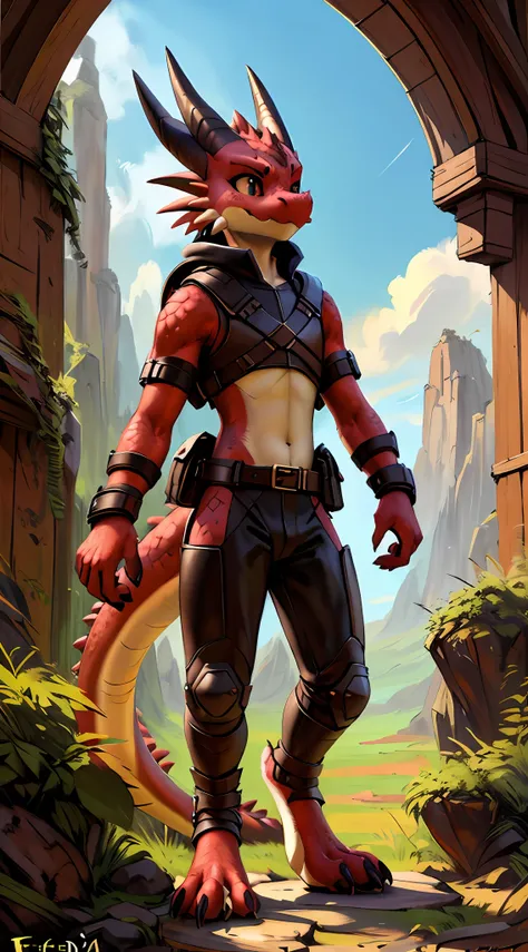 (((by fluff-kevlar, by zackary911, by kenket, by kilinah))), solo male (((kobold)), (detailed kobold)) wearing leather armor, mu...