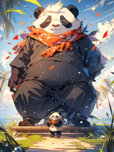 mg xiongmao,1 a chubby panda,sky,cloud,outdoors,solo,hat,furry,grass,leaf,closed eyes,cloudy sky,petals,standing,scarf,no humans...