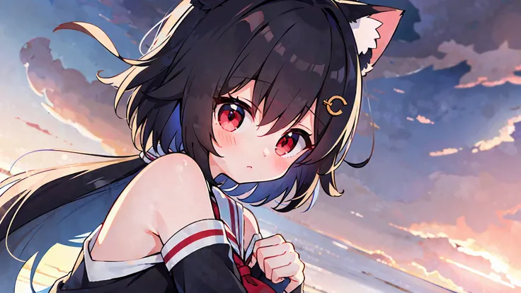 1girl,cat ears ,medium boobs ,black hair ,red eyes ,short hair ,red hairpin ,messy hair,hair between eyes ,(bare shoulders,sailors shirt ,blush)