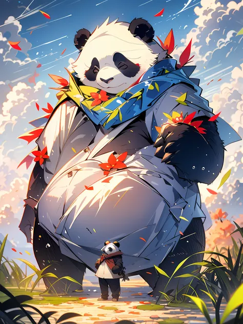 mg xiongmao, 1 chubby panda, sky, clouds, outdoor, solo, hat, furry, grass, leaves, open eyes, cloudy sky, petals, standing, sca...