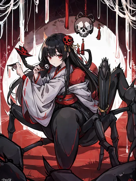 (Arachne: 1.5),
Master-piece, monster, solo, upper body bewitching beauty, lower body is a huge female spider, full body, kimono beauty, black hair straight, bangs snap, crimson lipstick, sink eyes, skull pattern on spider back, background is Japan castle,...