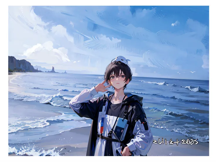 there is a man standing on the beach, hands on his head, anime style mixed fujifilm, fine, hd, hands fine, oil painting on backg...