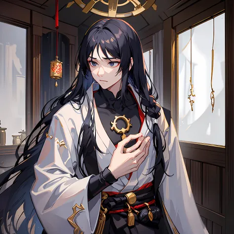 a handsome young man with long black hair and a shawl, wearing an ancient chinese white robe, black eyes full of sorrow, helples...