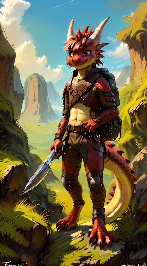 (((by fluff-kevlar, by kenket, by))), solo male (((kobold)), (detailed kobold)) wearing leather armor, muscular toned, squirrel ...