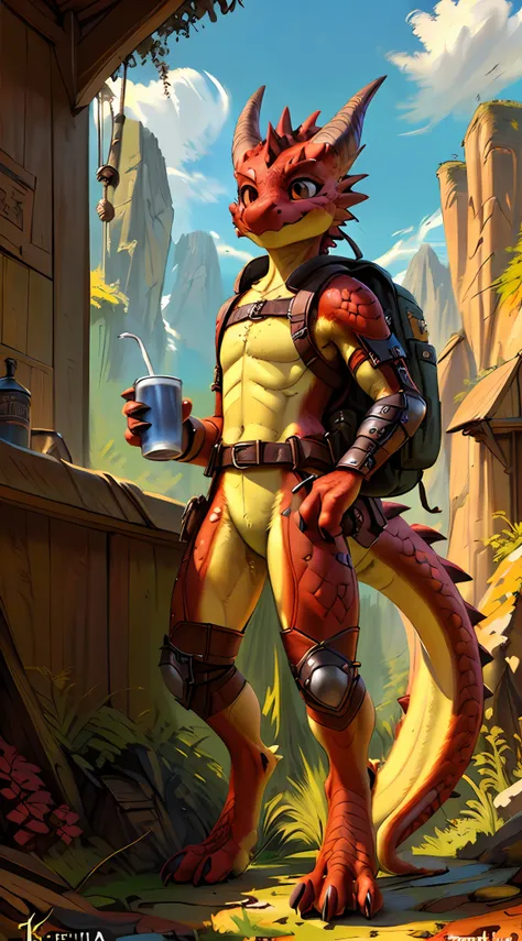 (((by fluff-kevlar, by kenket, by))), solo male (((kobold)), (detailed kobold)) wearing leather armor, muscular toned, squirrel ...