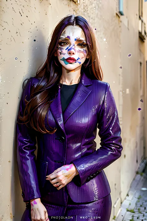 woman in purple suit with cat face paint standing against wall, purple leather jacket, painted look, purple shattered paint, painted face, evil look, a purple suit jacket, as the joker, purple jacket, joker makeup, purple leather garments, by Gina Pellón, ...
