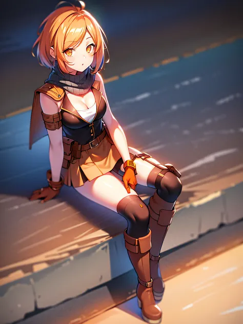 orange eyes light,richly faded light orange hair, anime 1girl, no  skirt, brown military boots, pouch on the waist belt, khaki b...