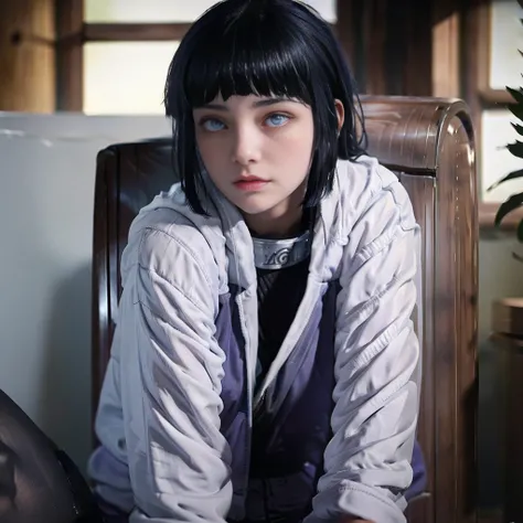 1 girl,A young woman as a leader, (17 years old), sitting relaxed, has a terrible aura, focused gaze, cold expression, sitting on a soft chair that looks luxurious, has a perfect body,short dark blue hair, she has white pupils, her face is beautiful and sc...