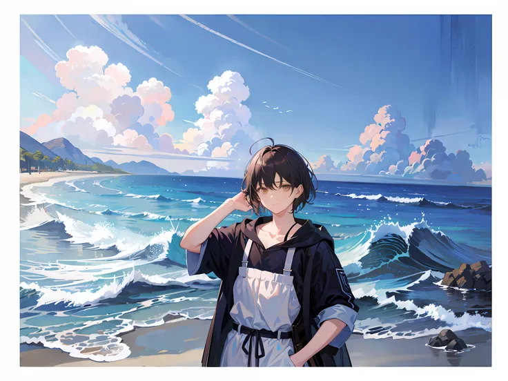 on the beach stands a man with hands on his head, anime style mixed fujifilm, fine, hd, hand fine, background oil painting, five...