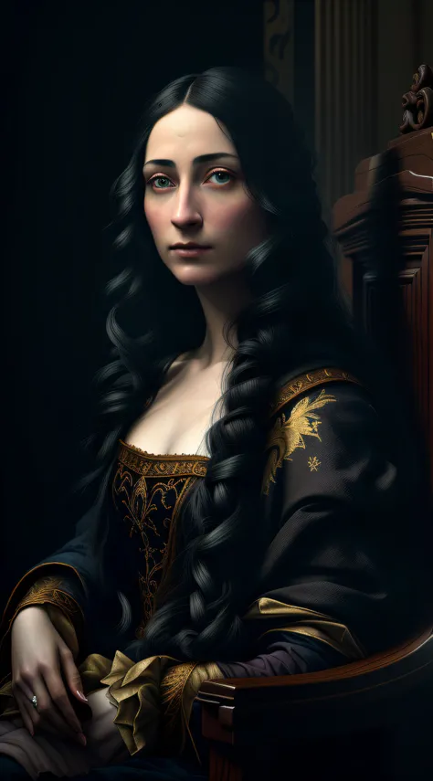 arafed woman with long black hair sitting in a chair, renaissance portrait, realistic renaissance portrait, renaissance digital ...