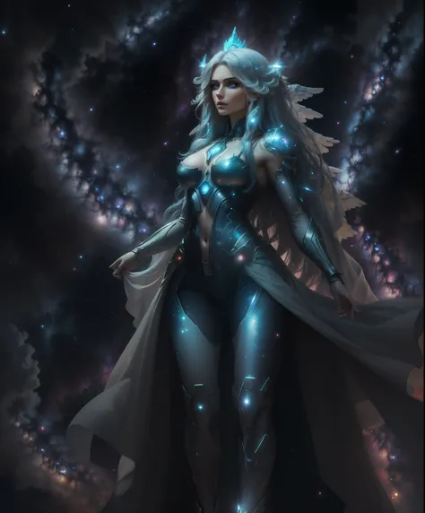 Realistic professional photos with super detail

Full shot, full body, straight shot, one girl, blue hair, blue eyes, long hair, big round breasts, floating, posing, power pose, halo, angel wings, haughty look, looking far away,

Standing in a starry sky w...