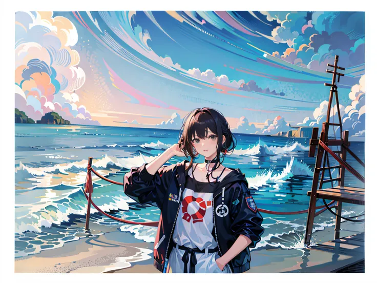 a man stands on the beach, hands on his head, anime style mixed fujifilm, fine, hd, hand fine, oil painting on background, five ...