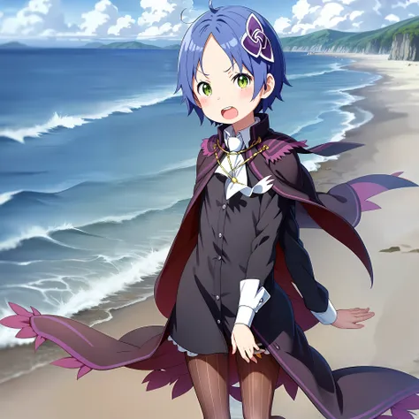 anime screencap, beach,
1girl, solo, green eyes, blue hair, short hair, hair ornament, open mouth, pantyhose, cape, striped, loo...