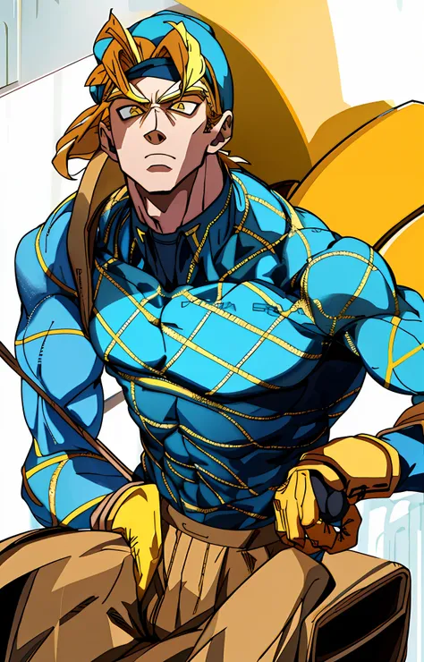 yellow hair, dio, blue hat, brown pants, brown gloves, blue shirt with yellow stripes, yellow humanoid behind, hd, highres